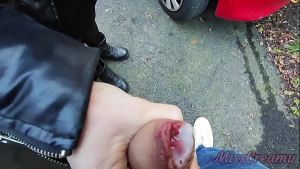 Dick flash – I pull out my cock in front of a hot girl between cars on the public street and she helps me cum – Real very risky