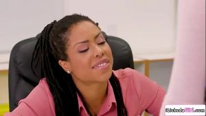 Ebony lesbian pussy licking her big tits bitch in the office
