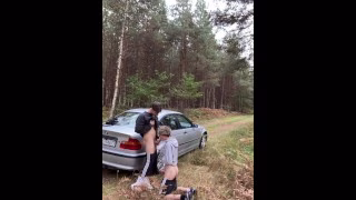 Twink gives a blowjob step bro 24cm big cock outdoor by car