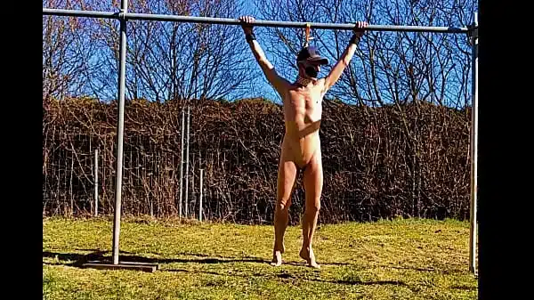 naked pathetic white slave public outdoor in penis cage do fitness and swings at his gay balls, CMNM