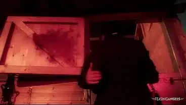 Naughty brunette milf with big boobs lifts her leg on the haystack for doggy style