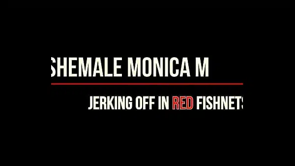 Shemale Monica M – Jerking off in red fishnets