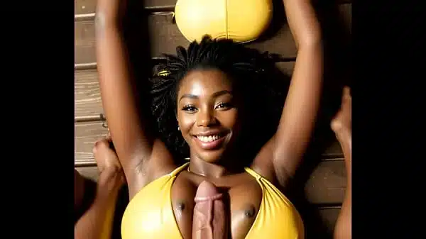 Gorgeous busty ebony teasing and fucking in a sauna in her yellow leather bikini – AI Illustrated Leather Porn Dream